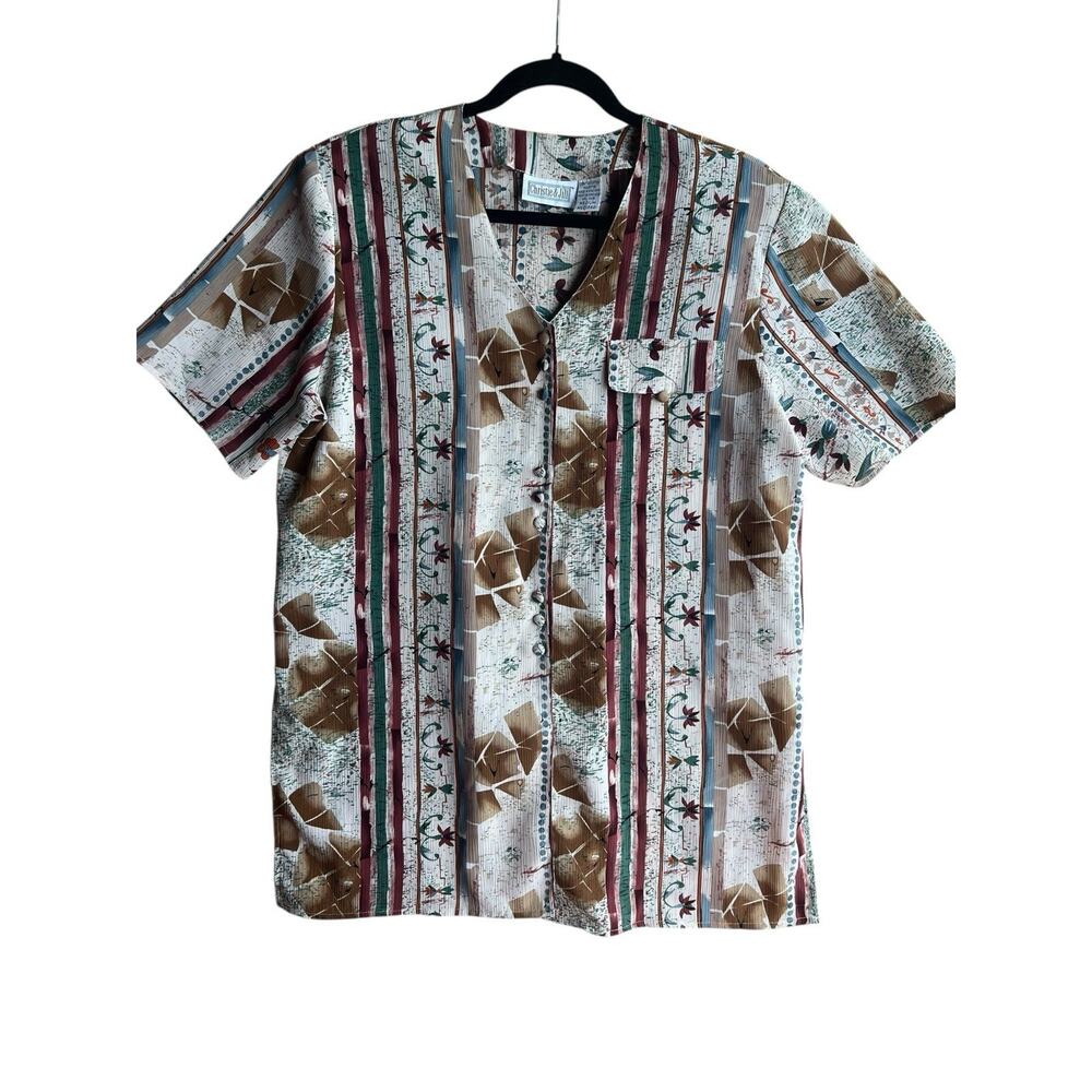 Christie & Jill Women's VTG Abstract Blouse Short Sleeve Button Up Top Medium